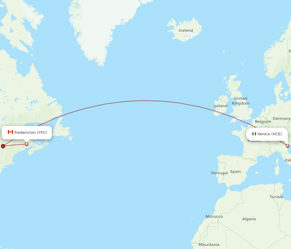 Venice - Fredericton route map and flight paths