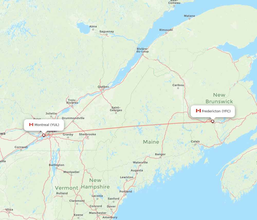 Fredericton - Montreal route map and flight paths