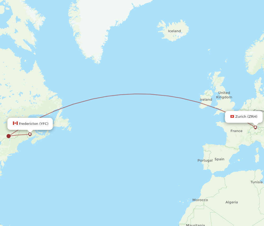 Zurich - Fredericton route map and flight paths