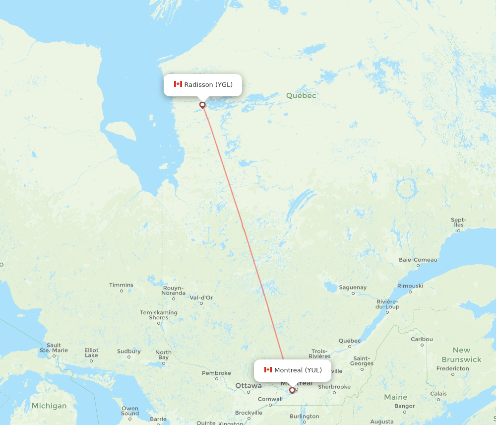 YGL to YUL flights and routes map