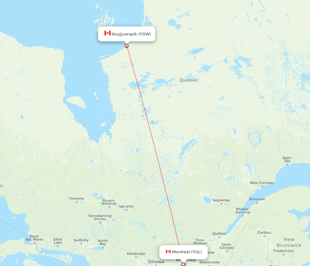 YGW to YUL flights and routes map