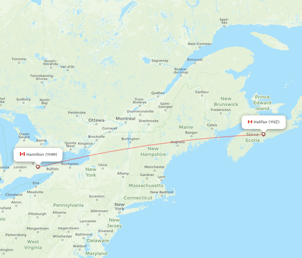Hamilton - Halifax route map and flight paths