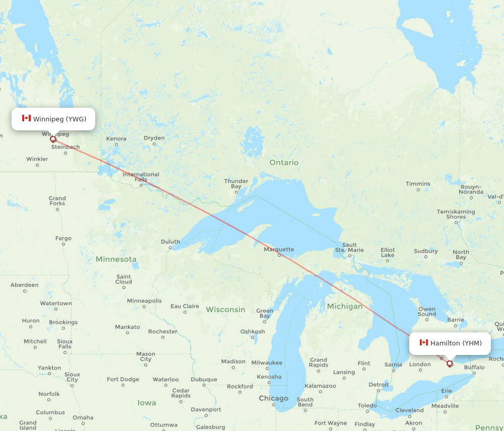 Hamilton - Winnipeg route map and flight paths