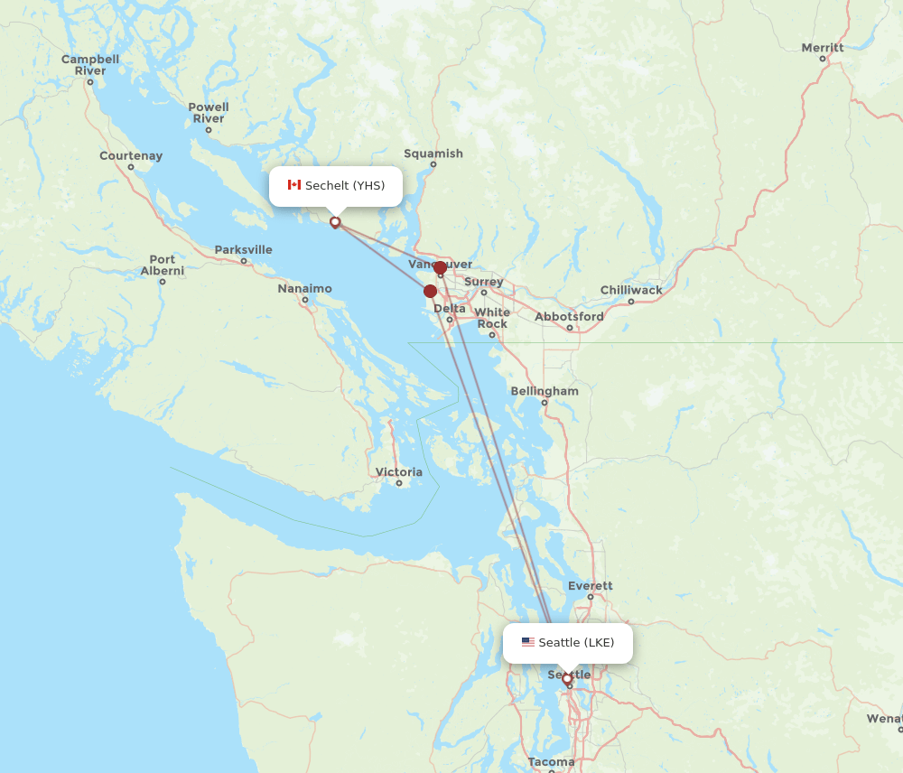 YHS to LKE flights and routes map