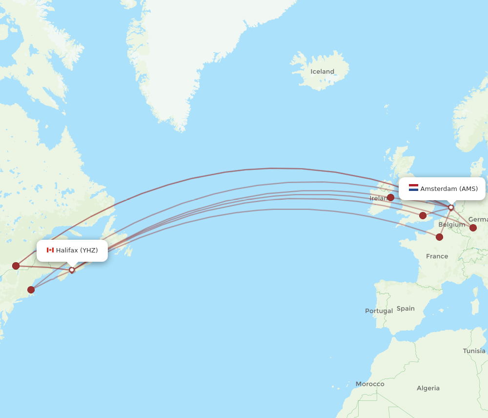 YHZ to AMS flights and routes map