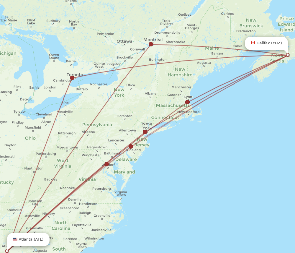 YHZ to ATL flights and routes map