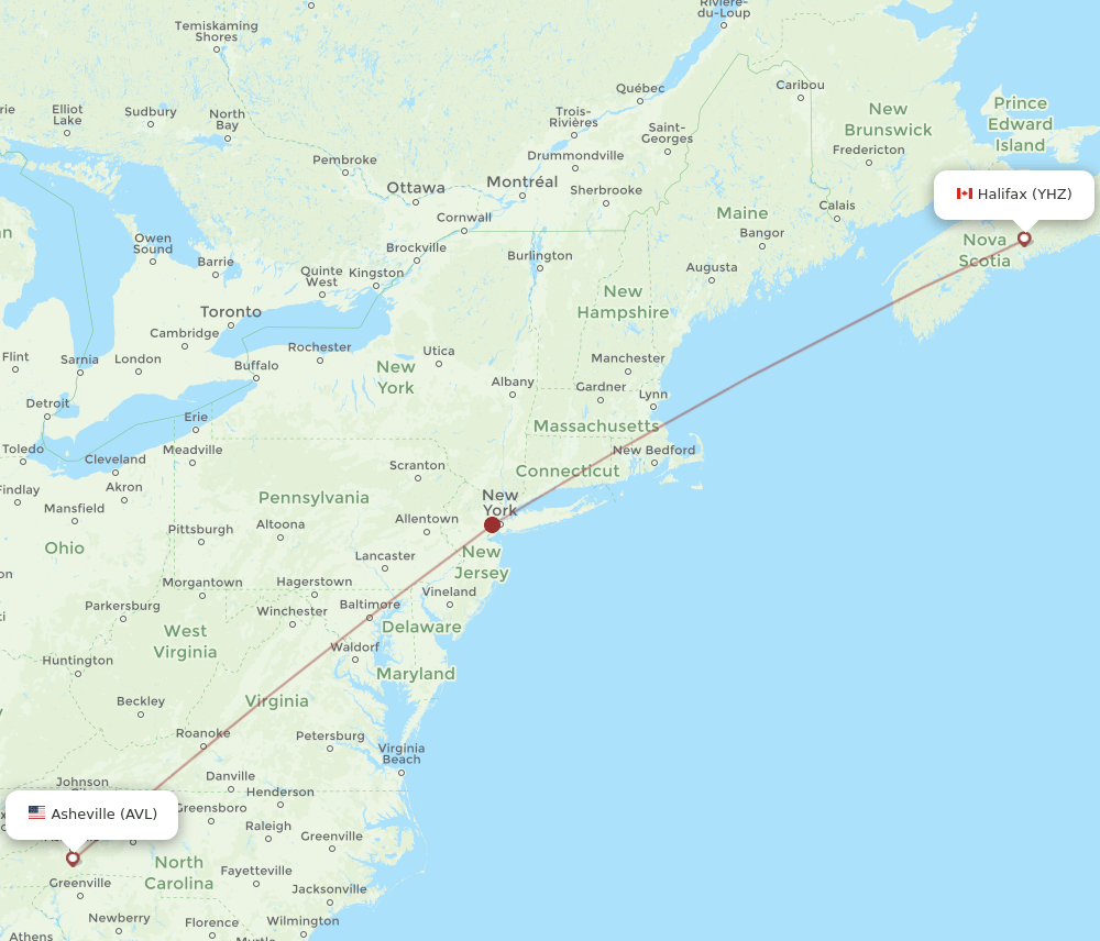 YHZ to AVL flights and routes map