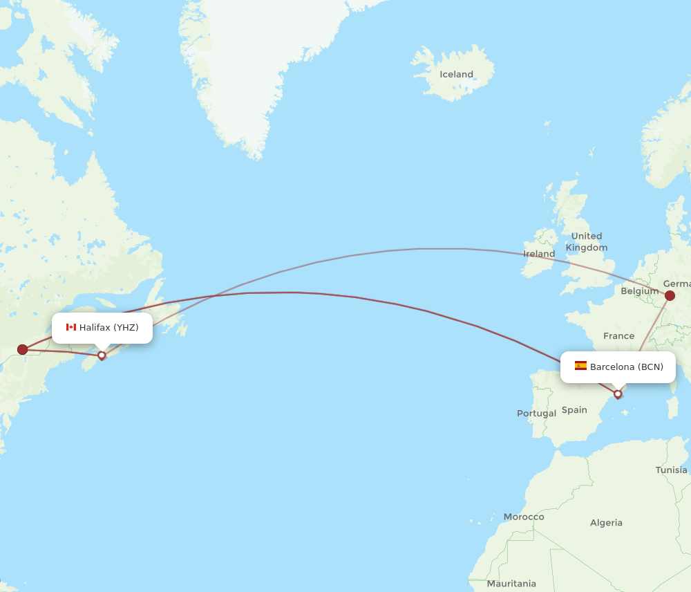 YHZ to BCN flights and routes map