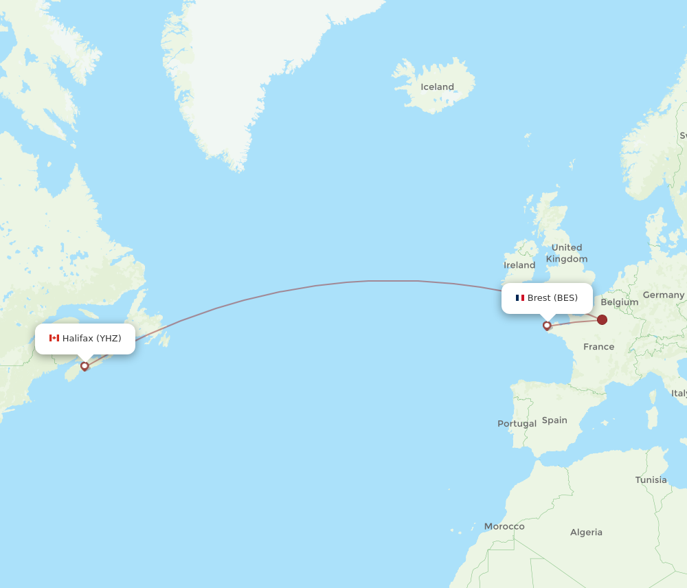 YHZ to BES flights and routes map