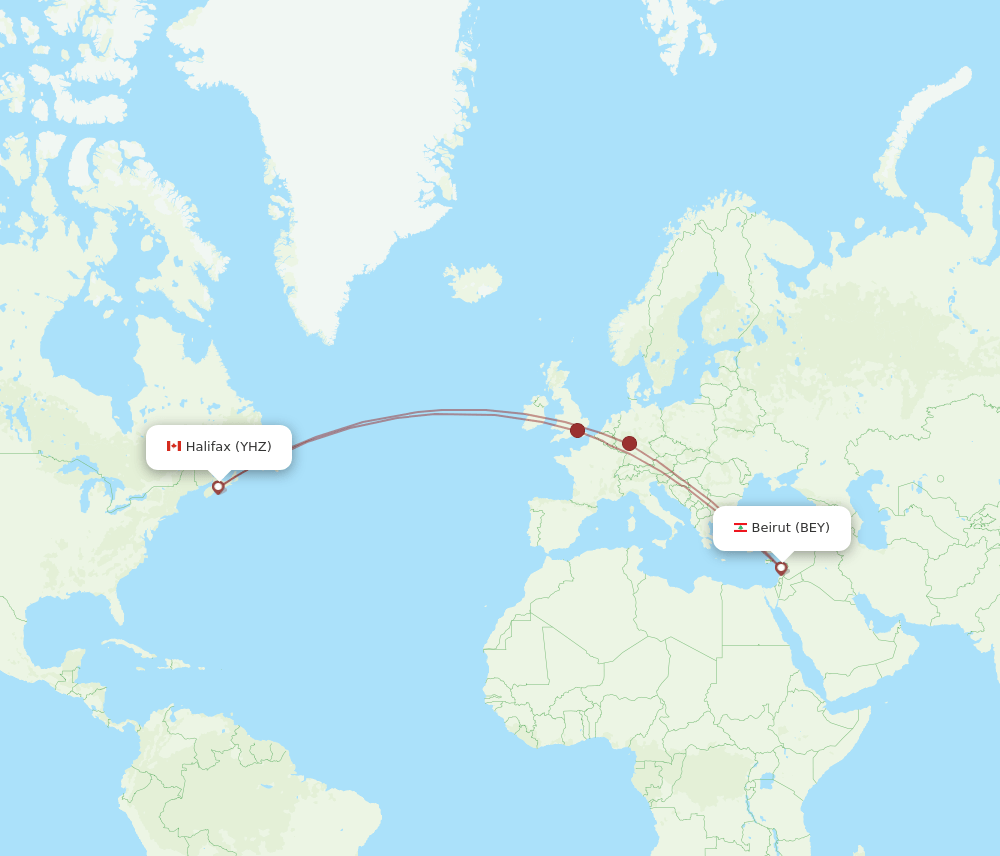 Beirut - Halifax route map and flight paths