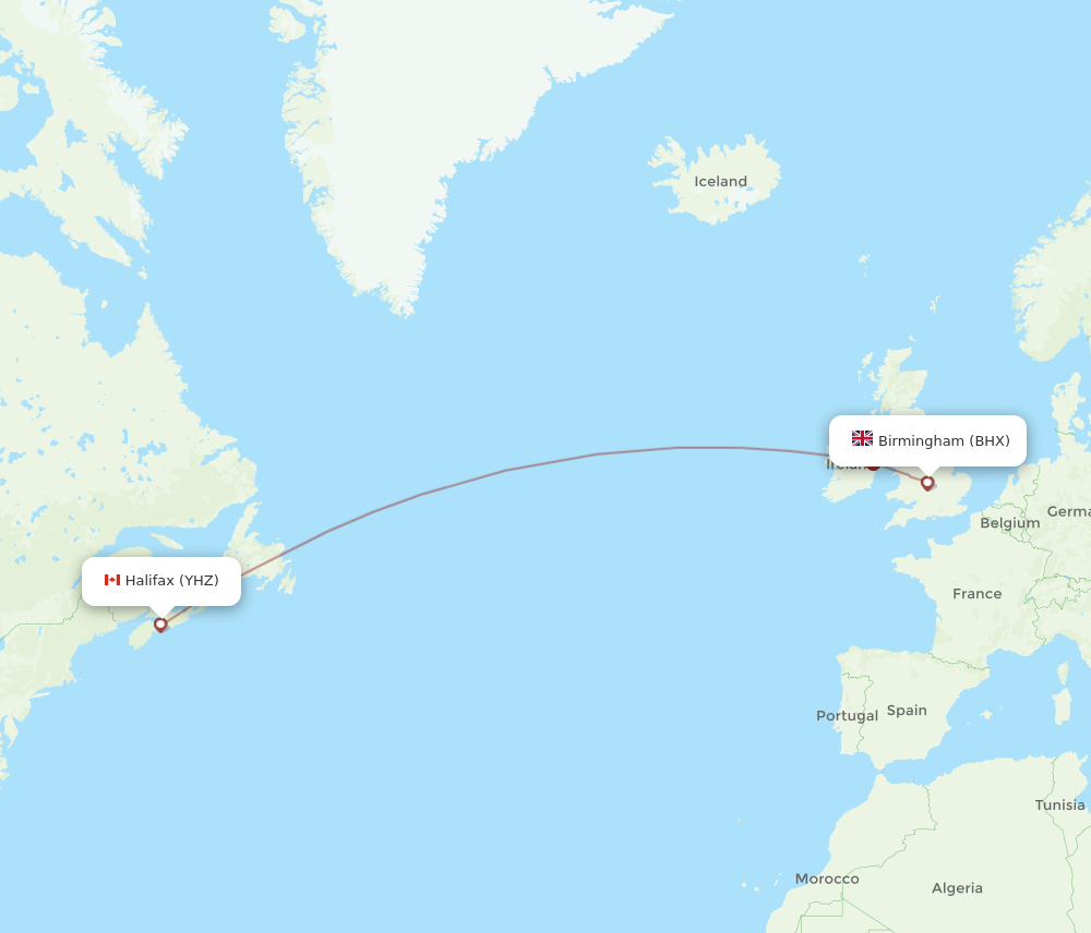 YHZ to BHX flights and routes map
