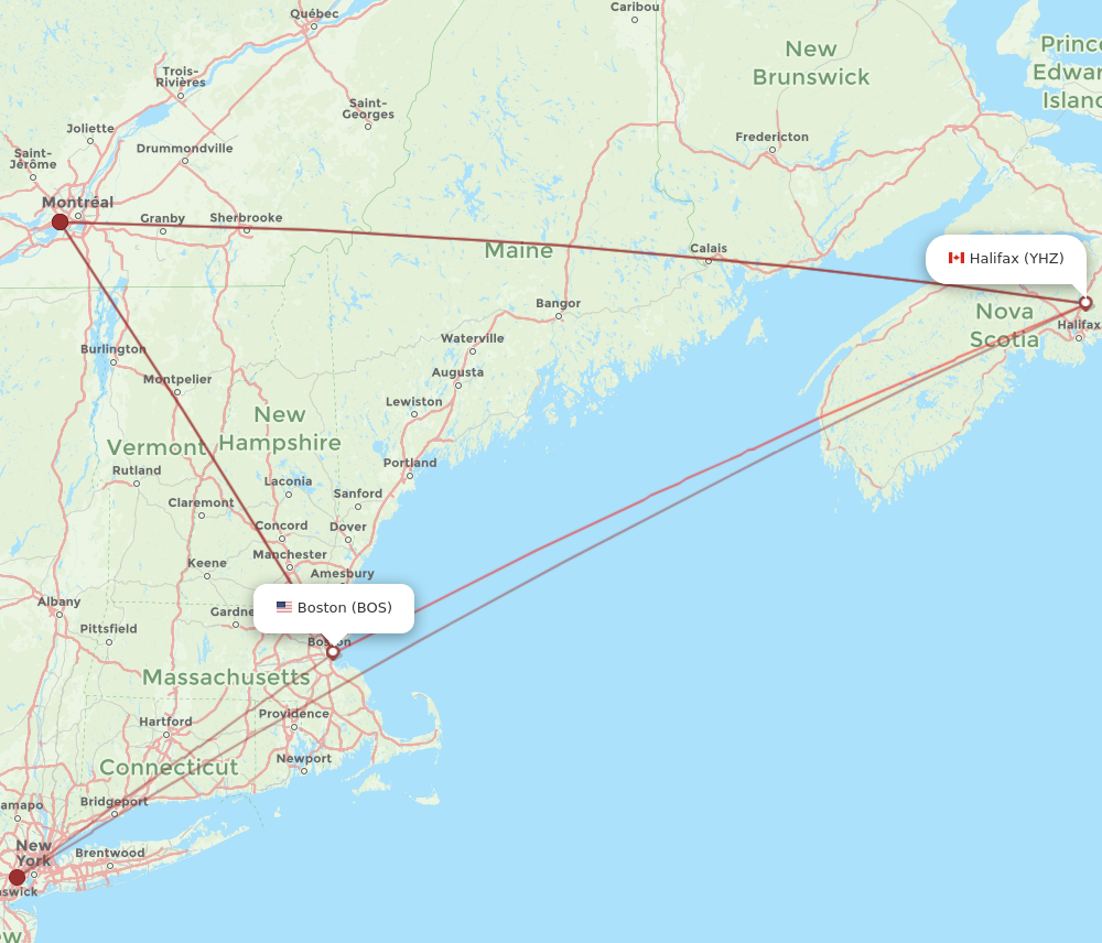 YHZ to BOS flights and routes map