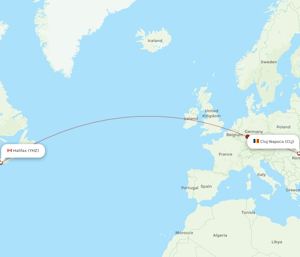 Cluj-Napoca - Halifax route map and flight paths