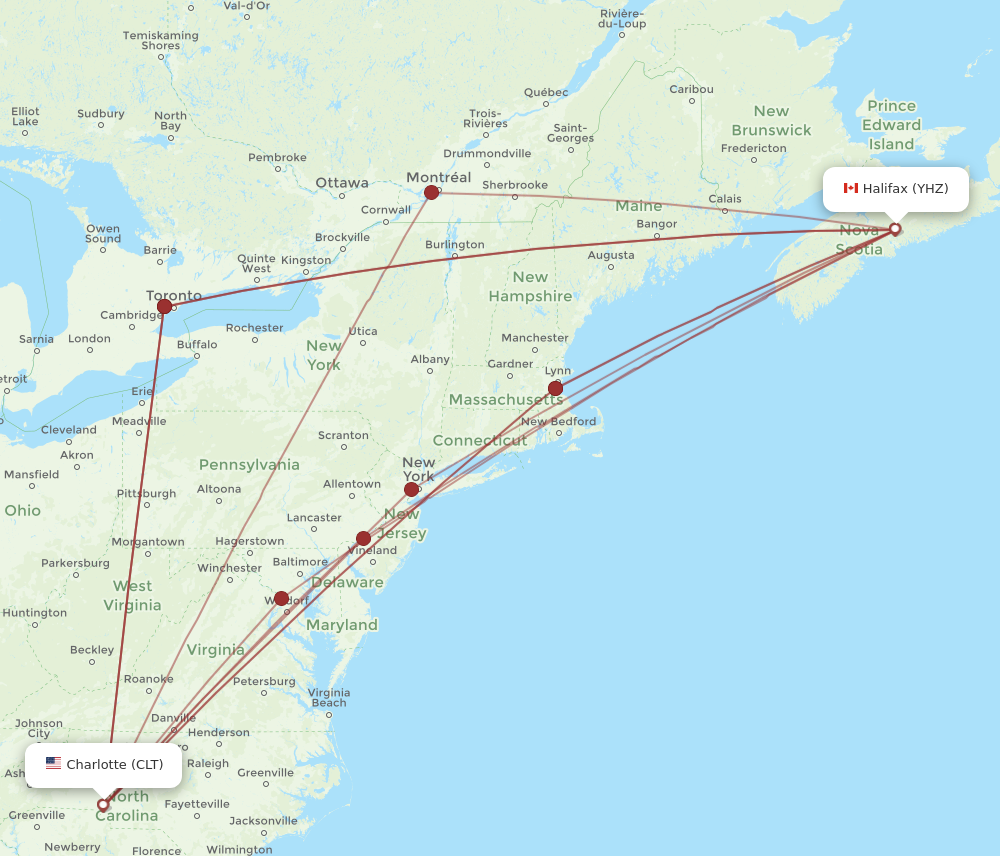 YHZ to CLT flights and routes map