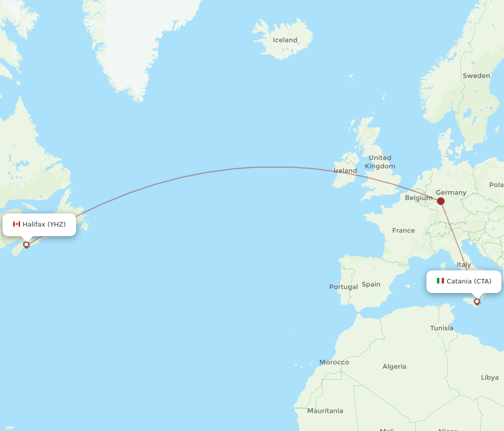 Catania - Halifax route map and flight paths