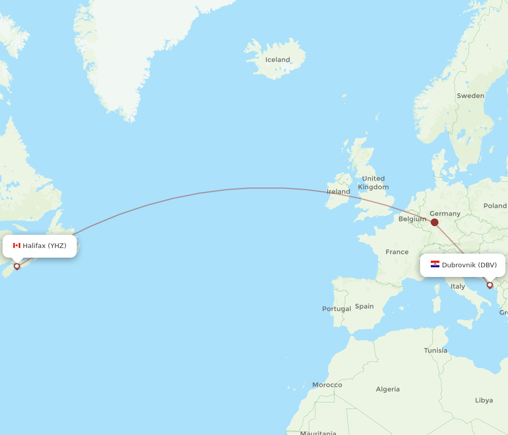 Dubrovnik - Halifax route map and flight paths