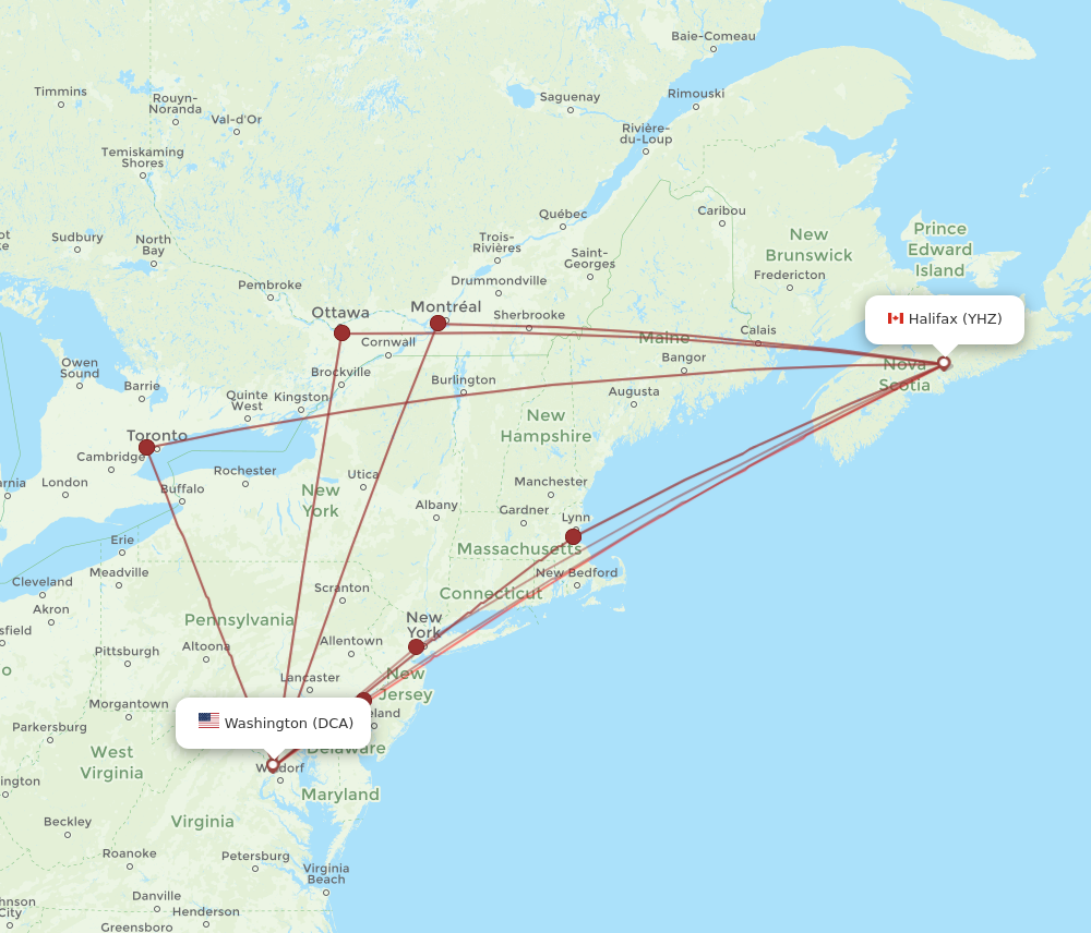YHZ to DCA flights and routes map