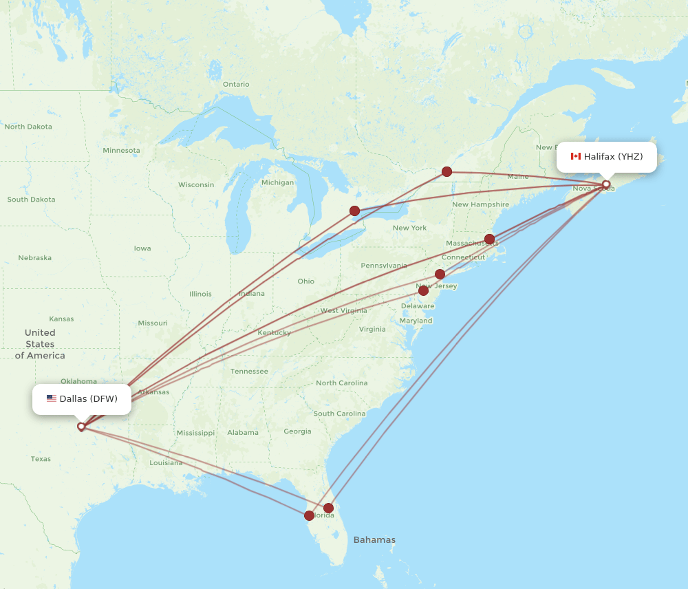 YHZ to DFW flights and routes map