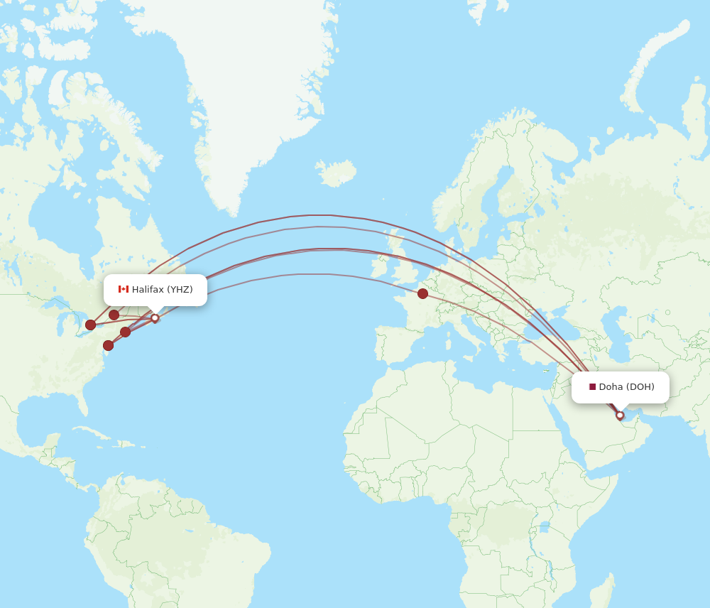 YHZ to DOH flights and routes map
