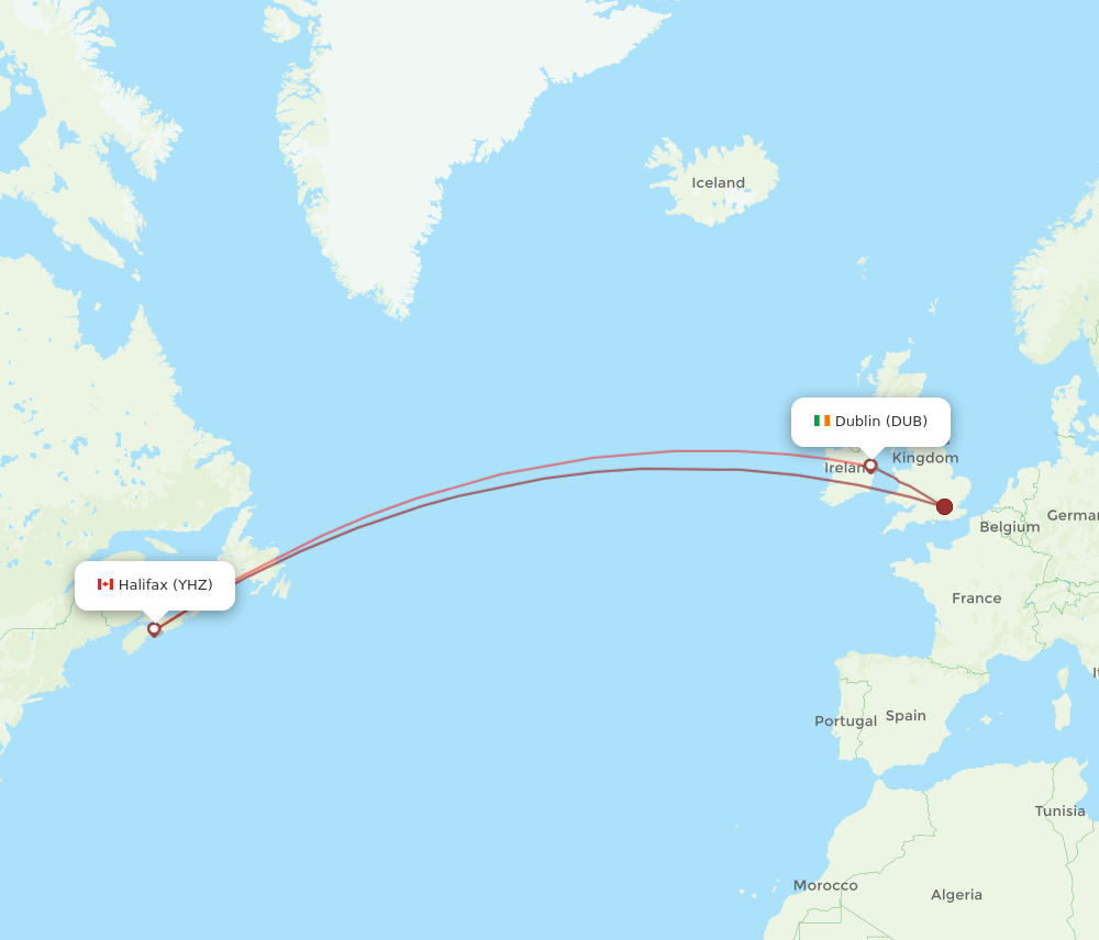 YHZ to DUB flights and routes map