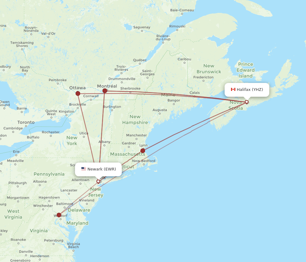 YHZ to EWR flights and routes map