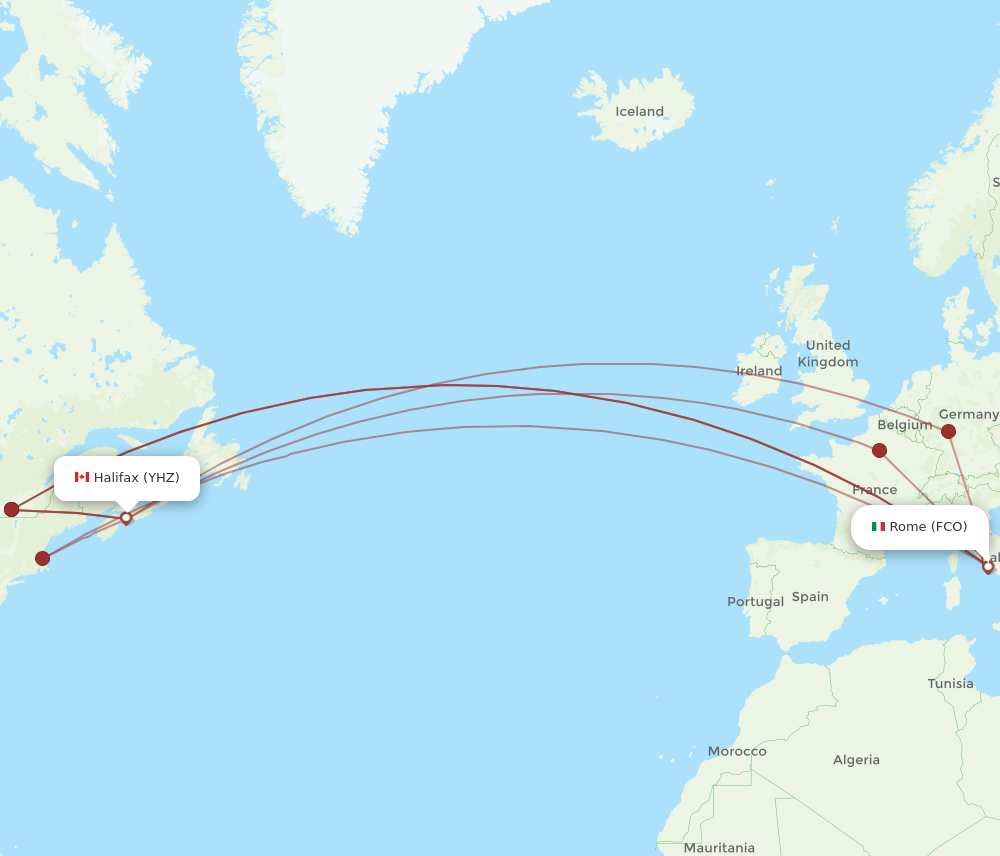 YHZ to FCO flights and routes map