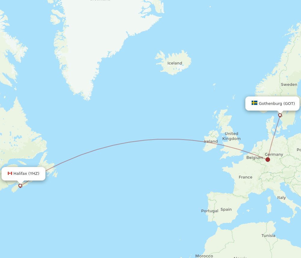 YHZ to GOT flights and routes map