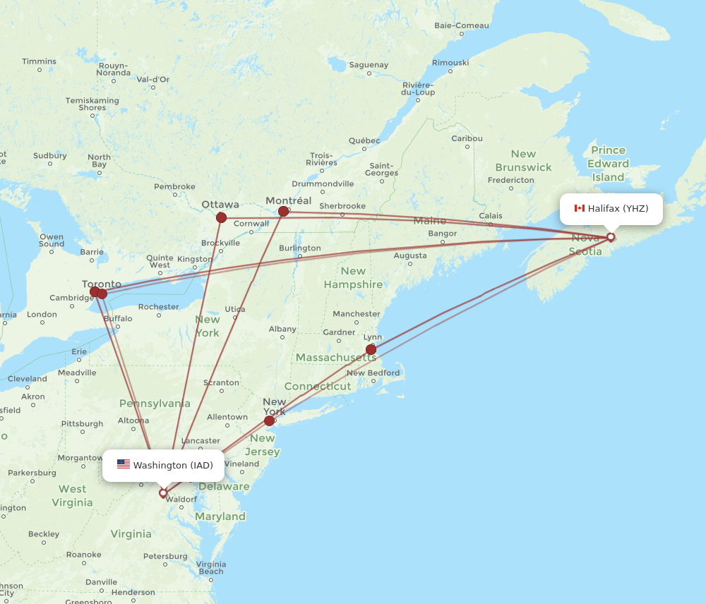 YHZ to IAD flights and routes map