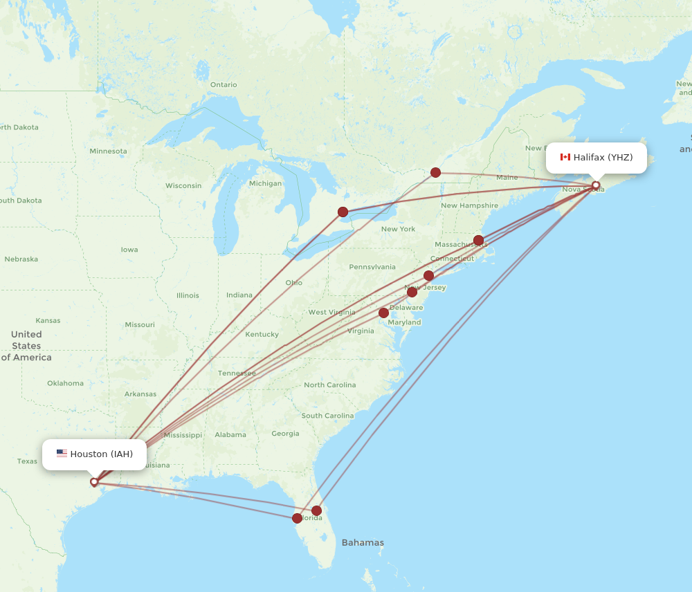 YHZ to IAH flights and routes map