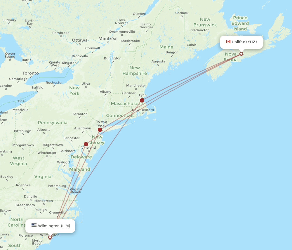 YHZ to ILM flights and routes map