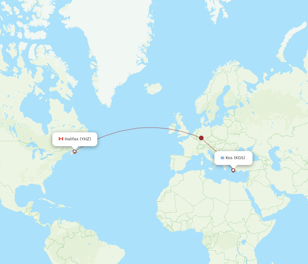 Kos - Halifax route map and flight paths