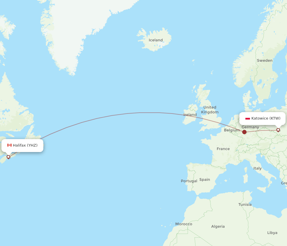 YHZ to KTW flights and routes map