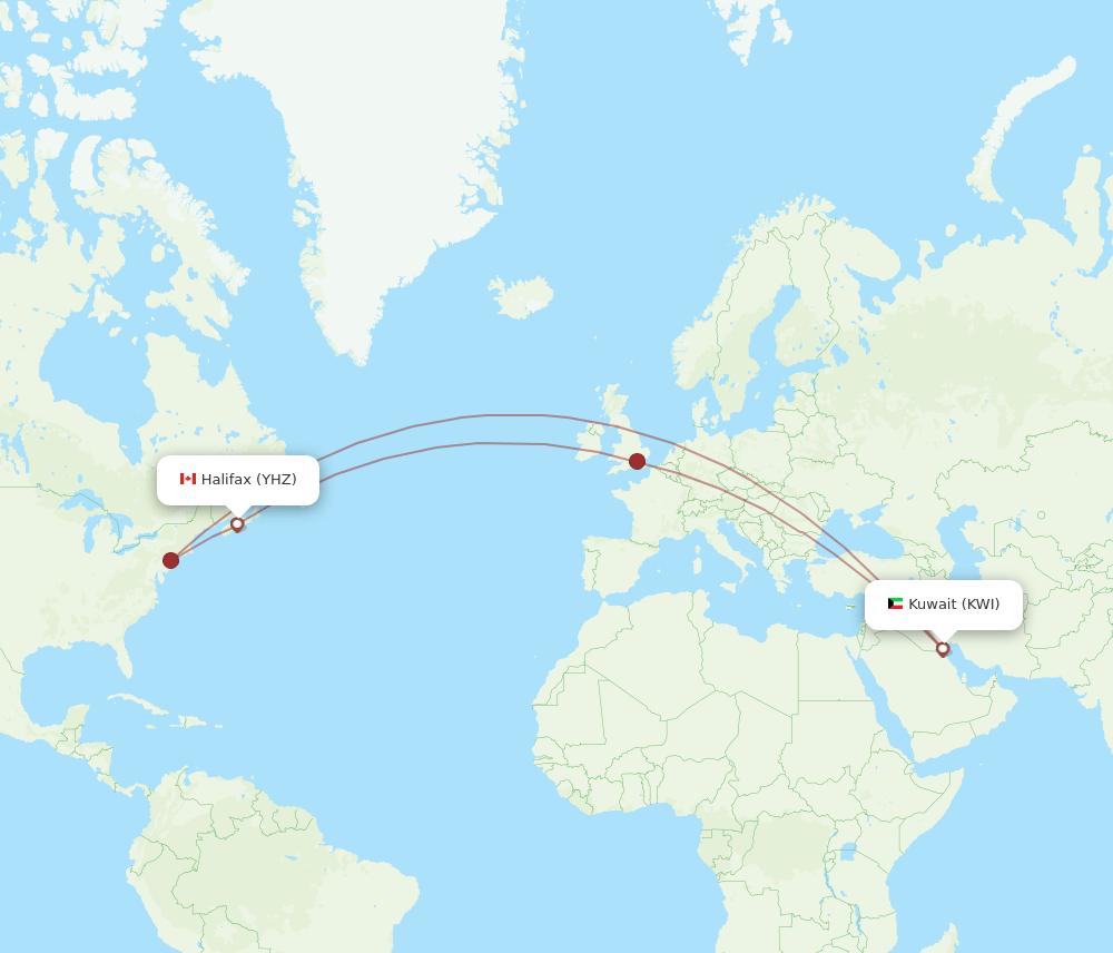 Kuwait - Halifax route map and flight paths