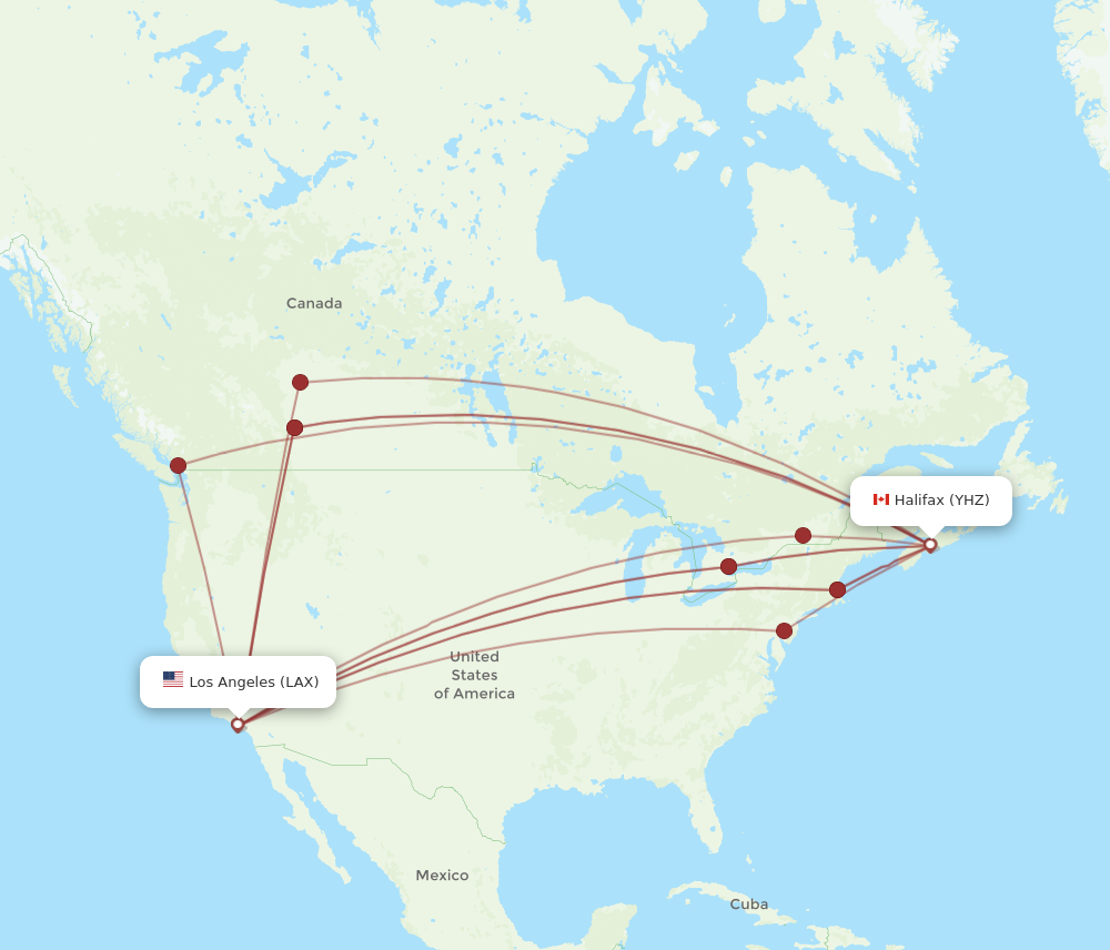 YHZ to LAX flights and routes map