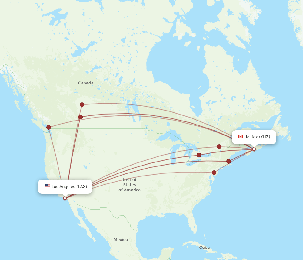 YHZ to LAX flights and routes map