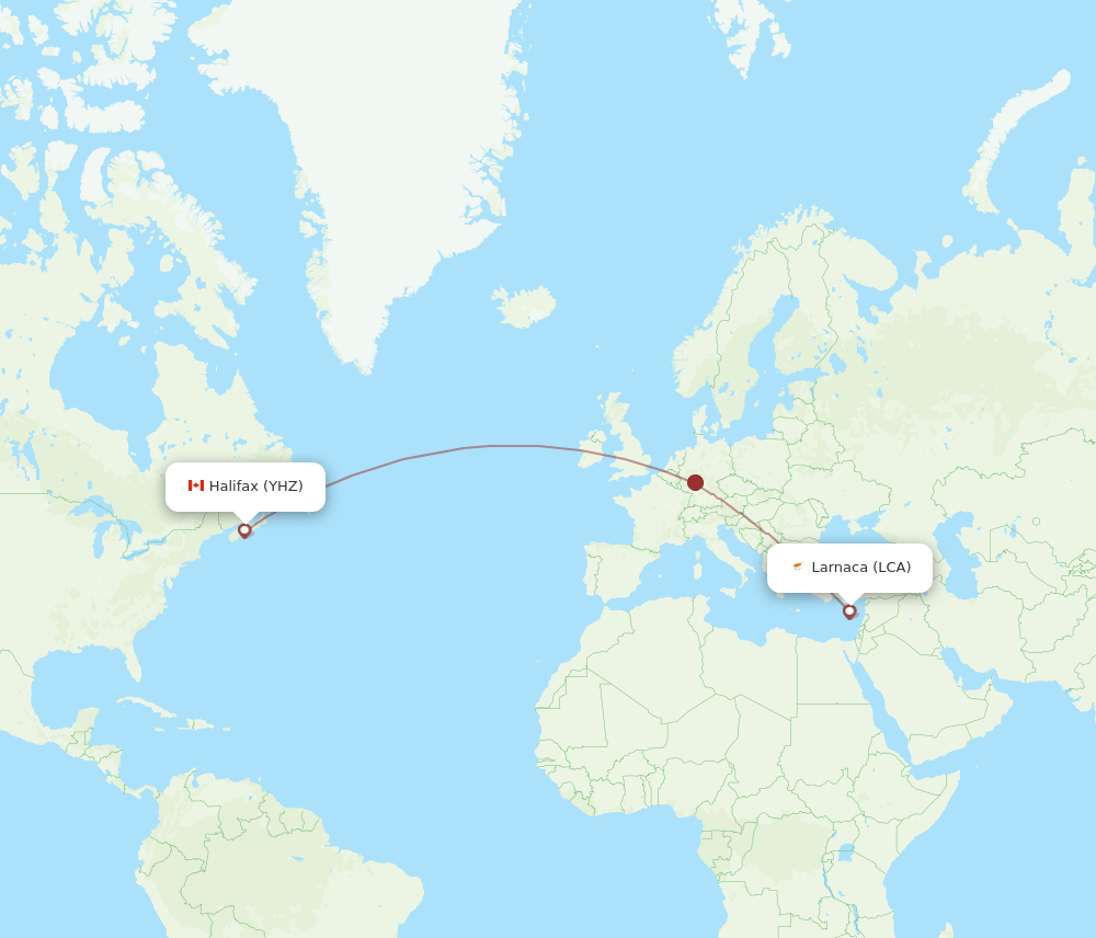 Larnaca - Halifax route map and flight paths