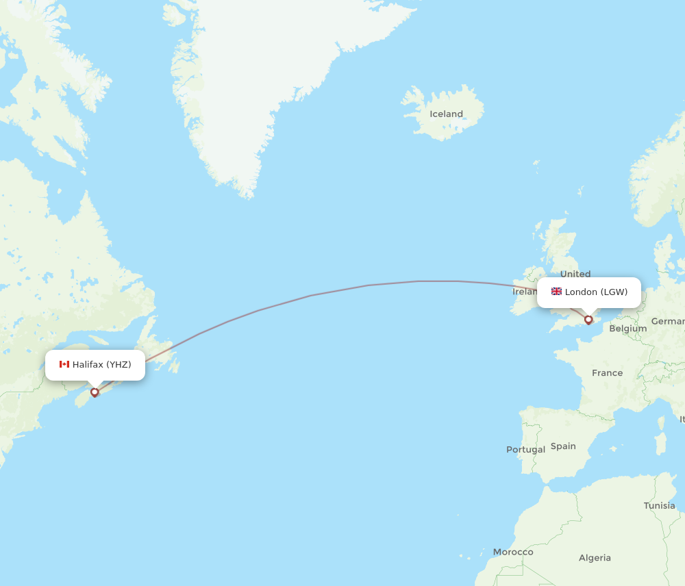 YHZ to LGW flights and routes map