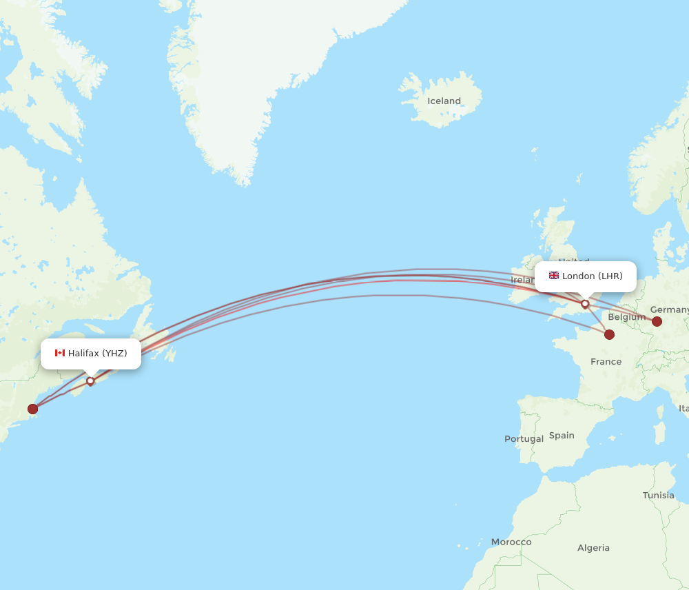 YHZ to LHR flights and routes map