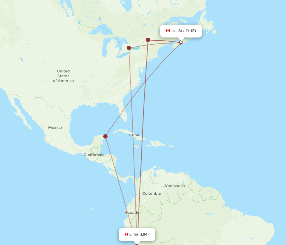 YHZ to LIM flights and routes map