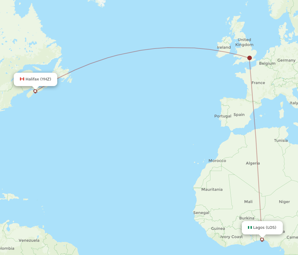 YHZ to LOS flights and routes map