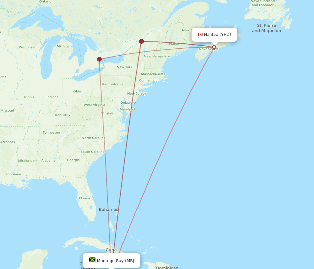 YHZ to MBJ flights and routes map