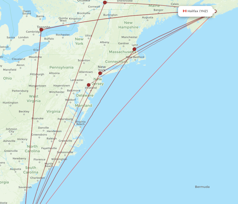 YHZ to MCO flights and routes map
