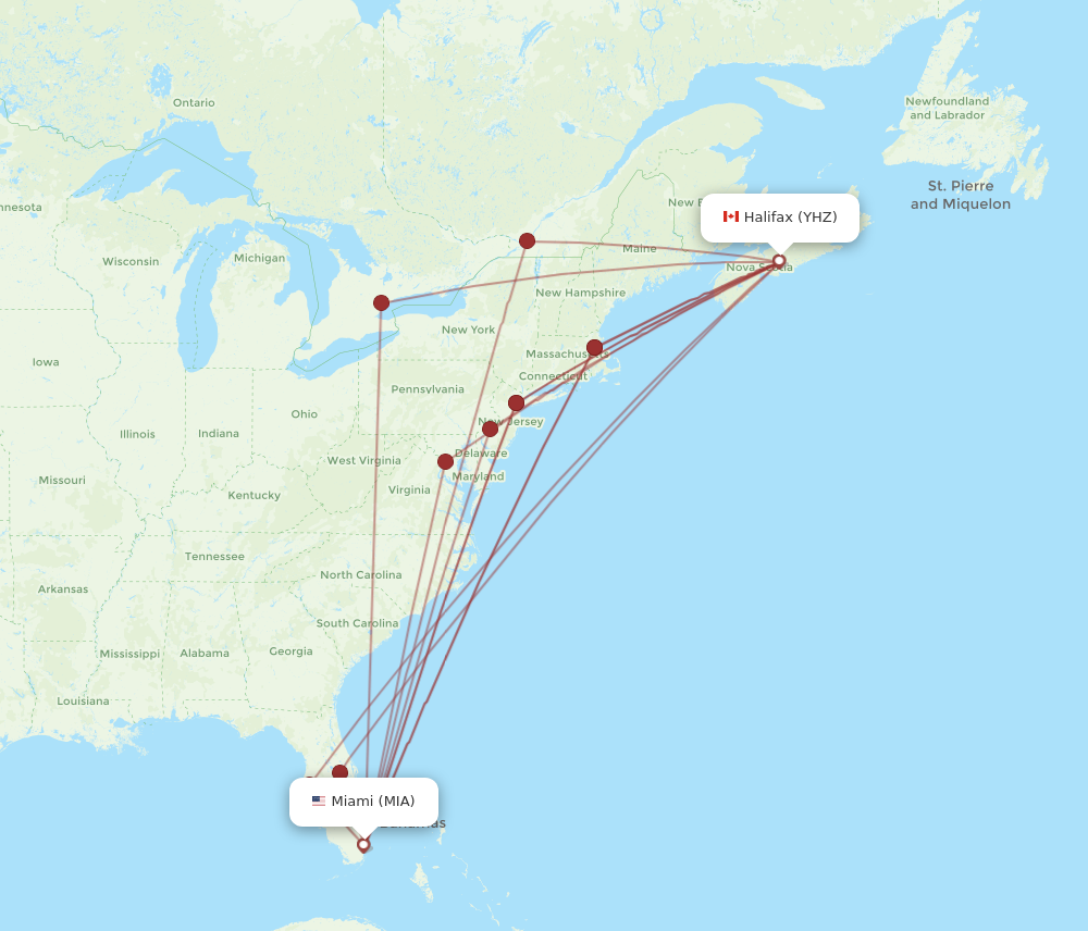 YHZ to MIA flights and routes map