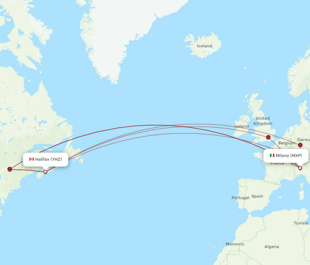 YHZ to MXP flights and routes map