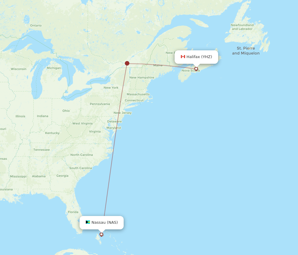 Nassau - Halifax route map and flight paths