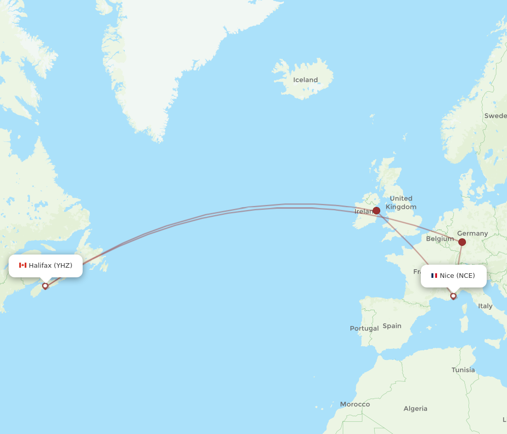 YHZ to NCE flights and routes map