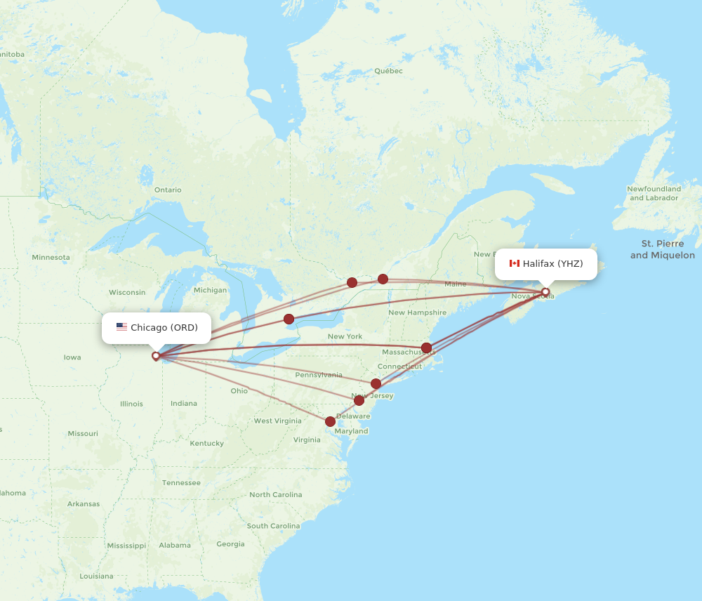 YHZ to ORD flights and routes map