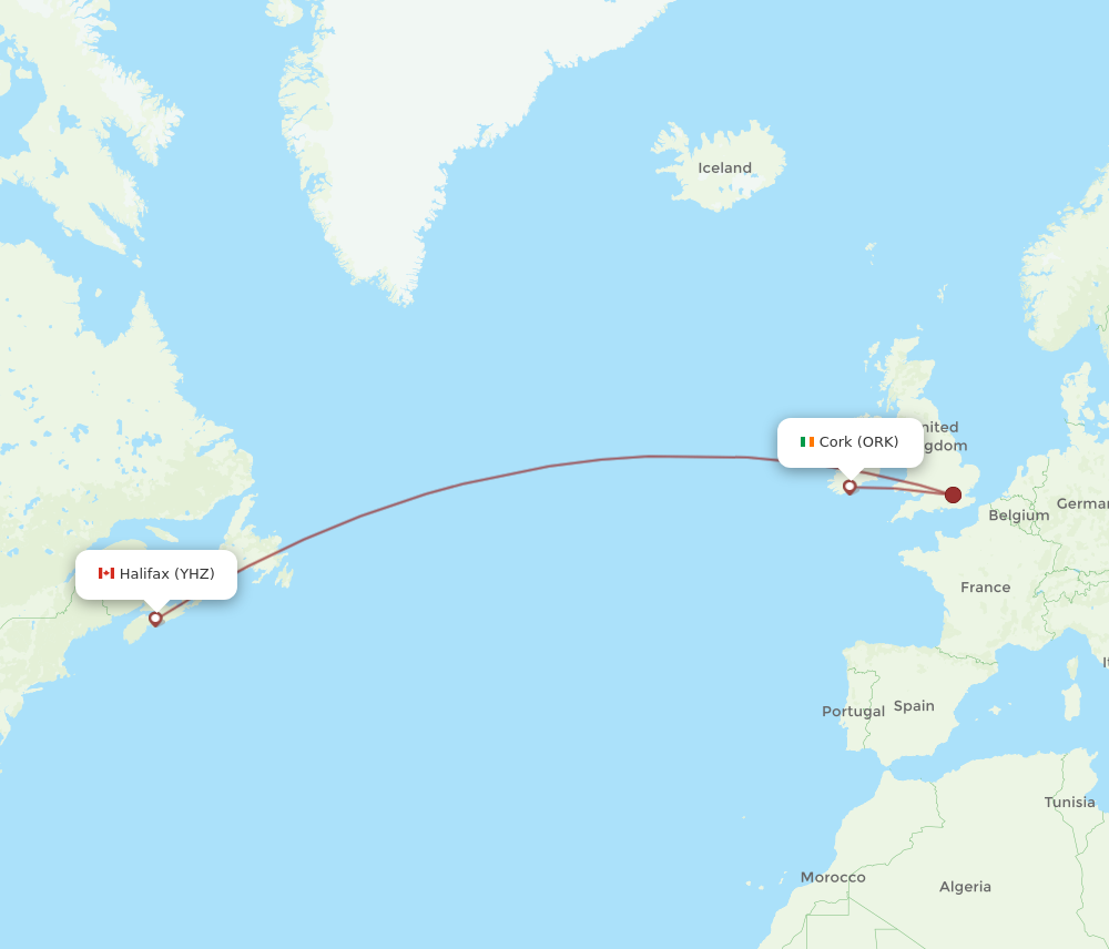 YHZ to ORK flights and routes map