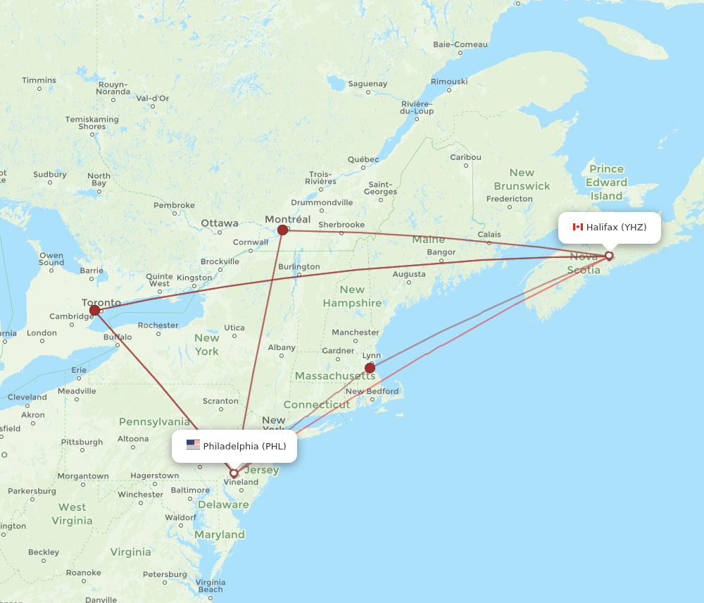 YHZ to PHL flights and routes map