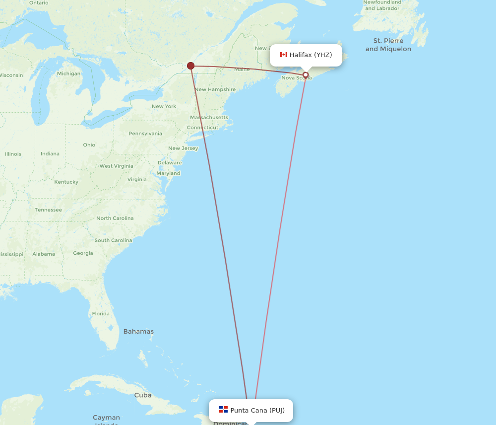YHZ to PUJ flights and routes map